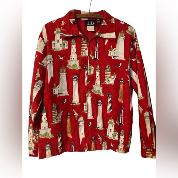 Lighthouse Vintage Jacket Size M Vacation Maine Spring Ocean Red - Picture 1 of 13